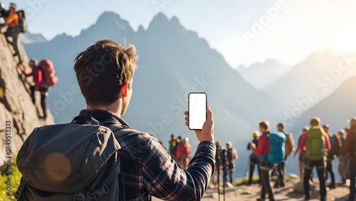 Man taking photo of scenic mountain landscape with smartphone