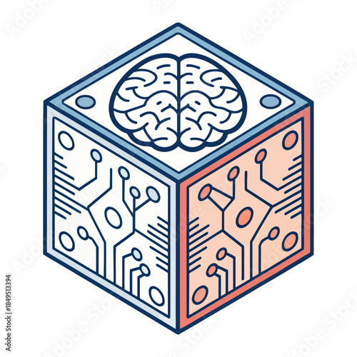 A stylized brain on a digital cube with circuit patterns.