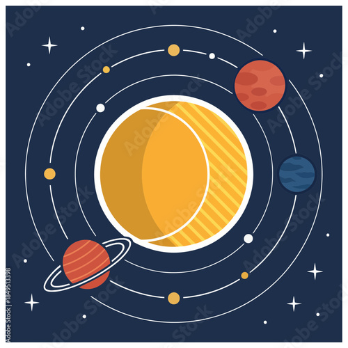 A charming hand-drawn illustration of the solar system with orbiting planets.