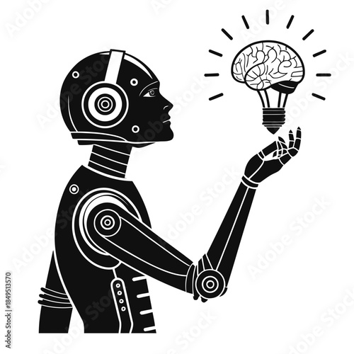 A futuristic robot holds a glowing brain symbolizing AI innovation.