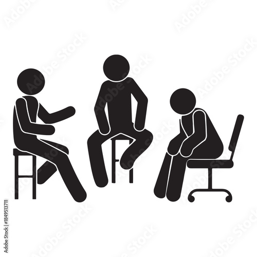 meeting icon, stick figure people conducting a dialogue, man sitting on a chair