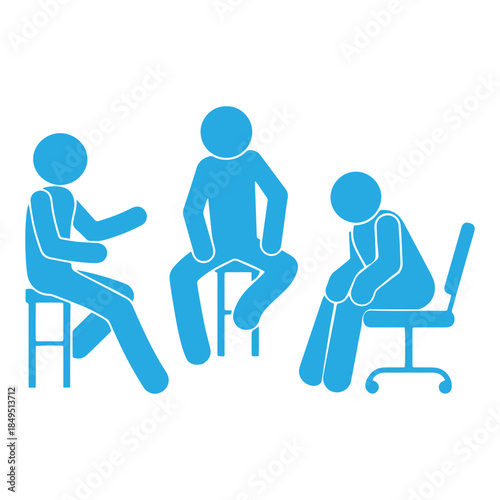meeting icon, stick figure people conducting a dialogue, man sitting on a chair