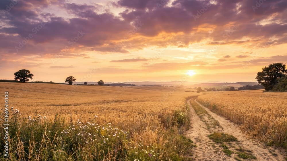 Obraz premium Serene Sunset Over Golden Fields with a Winding Road Leading into the Horizon