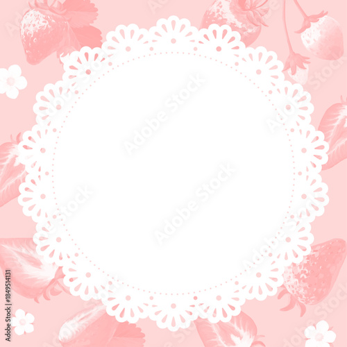 手描きの苺イラスト背景の円形レースフレーム_ピンク背景