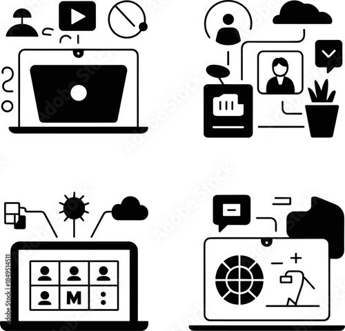 Modern Remote Work and Video Conferencing Glyph Icons Set: Digital Communication, Online Meeting Grid, Business Data Analysis, and Virtual Presentation Symbols on Laptops.