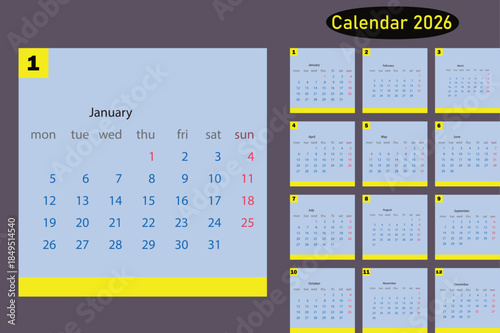 The image features a calendar for the year 2026, displaying the month of January. It includes the days of the week—Monday to Sunday—along with numerical dates from 1 to 31. 