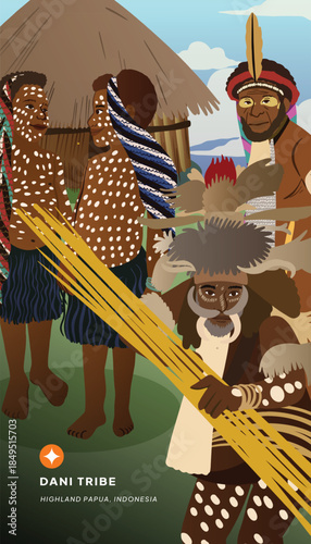 Poster layout idea with Dani tribe culture cellshaded illustration