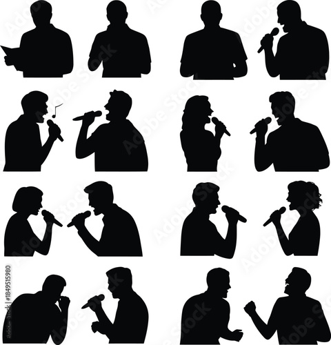 Singer silhouettes set, vocalist with microphone vector icons