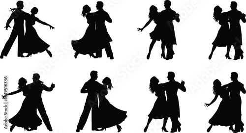 Elegant ballroom dance silhouettes of romantic couples performing waltz tango poses isolated on white background vector illustration set collection design
