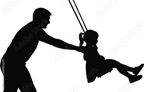 Father pushing daughter on playground swing, silhouette family bonding moment, outdoor childhood joy, parenting love, motion, safety, trust, happiness, togetherness