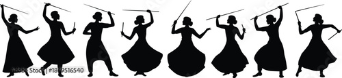 Dandiya Raas silhouettes, Garba dancers, Indian folk dance, stick choreography, cultural vector, festive movement, ethnic celebration, tradition