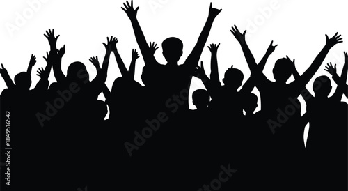 Crowd silhouette cheering with raised hands celebration excitement unity concert festival success energy illustration concept