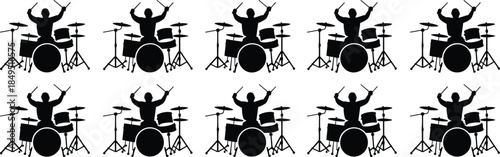 Drummer silhouettes playing drum set collection showing music performance rhythm energy isolated on white background illustration