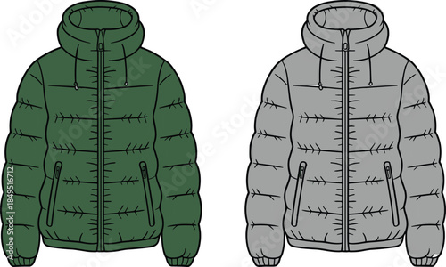 Green and grey puffer jacket hooded winter coat front view insulated outerwear fashion CAD streetwear flat vector illustration
