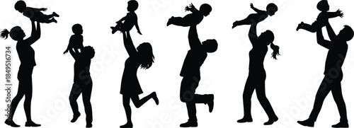Happy family silhouettes playing with children showing parent and baby bonding moments isolated on white background illustration