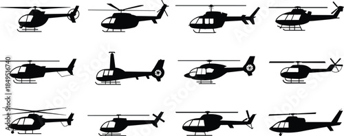 Helicopter silhouette collection various models aircraft aviation transport military rescue illustration set design