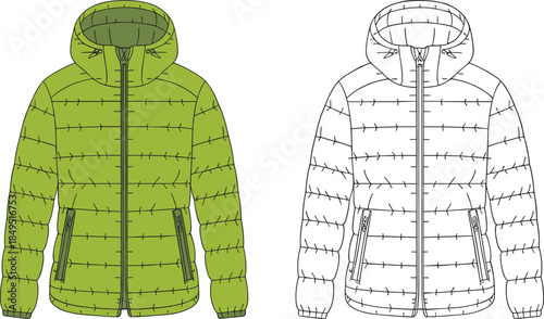 Hooded puffer jacket front view technical design quilted winter wear, CAD streetwear flat vector illustration fashion apparel
