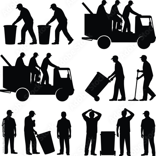 Garbage collector silhouettes, waste management workers and truck vector set