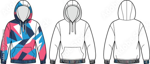 Hoodie sweatshirt technical flat illustration, geometric pattern streetwear hoodie, front back view, fashion apparel mockup, CAD streetwear flat vector illustration
