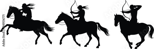 Horseback archer silhouettes collection showing mounted warriors shooting bows in motion isolated on white background illustration