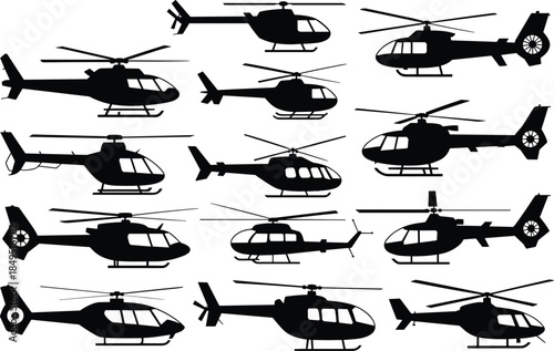 Helicopter silhouettes collection showing different aircraft models in side view isolated on white background aviation illustration