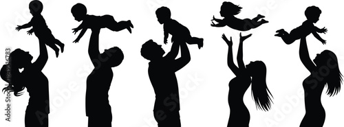 Joyful parent and child silhouettes tossing babies playfully showing family bonding moments isolated on white background illustration concept