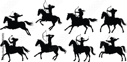 Mounted archer silhouette collection horse riding warriors shooting bow historical battle illustration set design