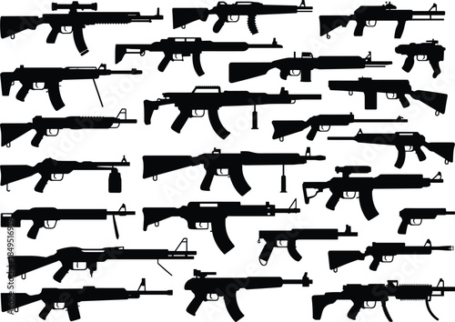 Modern firearm silhouettes collection displaying rifles and assault weapons in side view isolated on white background illustration