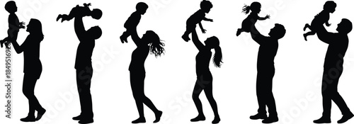 Parent and child silhouettes playing together, family love bonding moments, happy childhood concept, black vector illustration