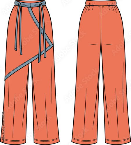 Orange wrap style wide leg pants front back view women casual fashion apparel design CAD streetwear flat vector illustration