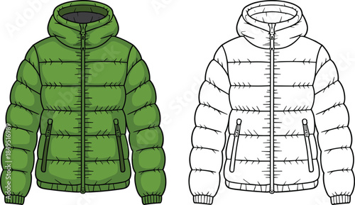 Puffer jacket technical flat illustration, hooded winter coat design, colored and outline version, insulated outerwear, CAD streetwear flat vector illustration