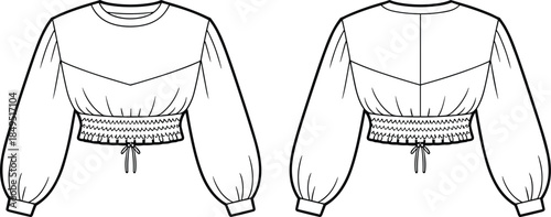 Women cropped blouse technical flat sketch, long sleeve smocked waist top, front back view, fashion apparel, CAD streetwear flat vector illustration
