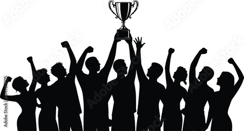 Winning team silhouettes celebrating success holding trophy together achievement concept isolated on white background illustration