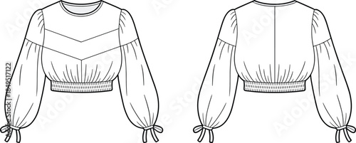 Women cropped blouse technical flat sketch, puff sleeve smocked hem top, tie cuff detail, front back view, CAD streetwear flat vector illustration