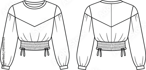 Women cropped sweatshirt front back view elastic waist drawstring detail, CAD streetwear flat vector illustration fashion apparel