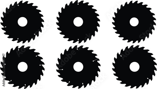 Circular saw blade silhouette set, industrial cutting tool icons, woodworking metal blades collection, power tool equipment black symbols