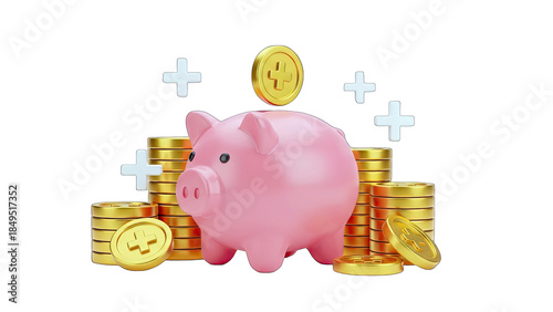 Piggy Bank with Coins and Growth Symbols, Saving Concept