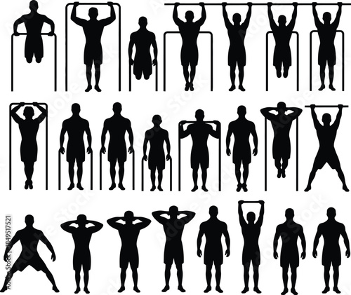 Pull up workout silhouettes, fitness man on bar vector icons