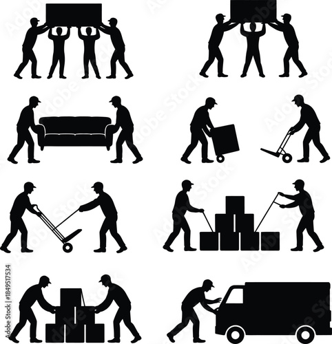 Mover silhouettes, delivery men carrying furniture and boxes vector set