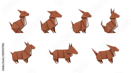 Origami Dog Action Sequence, Paper Animal Figures, Studio White Background, Graphic Illustration Set