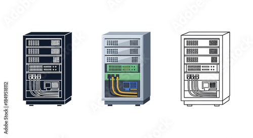 Set of three server rack icons in solid, color, and outline styles