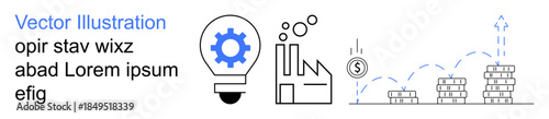 Business growth, innovation, manufacturing, financial strategy, economic development, production planning. A lightbulb with gears, a factory, dollar symbol and stacked coins with upward arrows