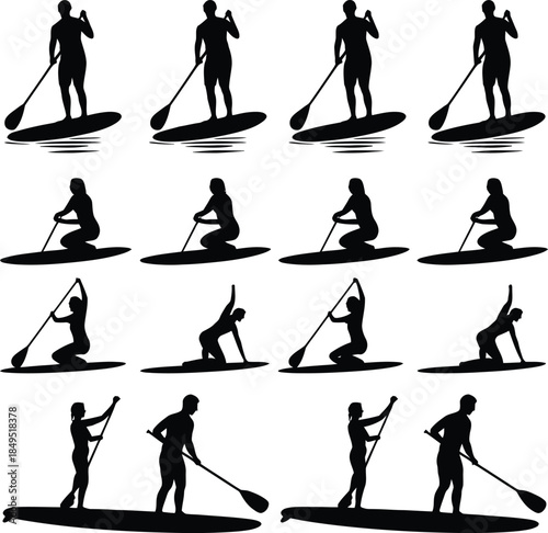 Paddle boarding silhouettes, SUP surfer vector icons