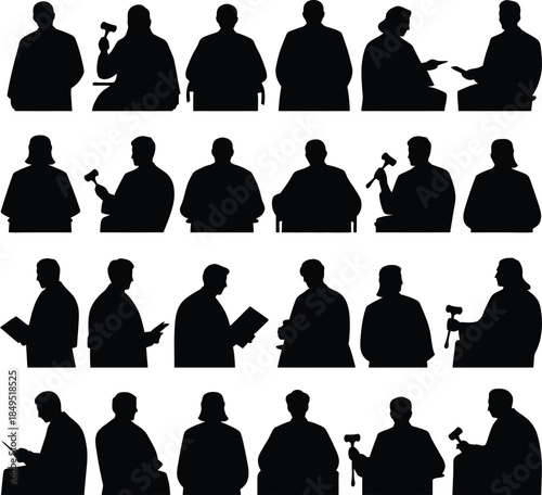Judge silhouettes, court justice with gavel vector icons
