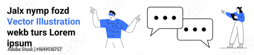 Two characters exchanging ideas with speech bubbles, emphasizing communication, collaboration, brainstorming, messaging, teamwork, online interaction, and simple landing page