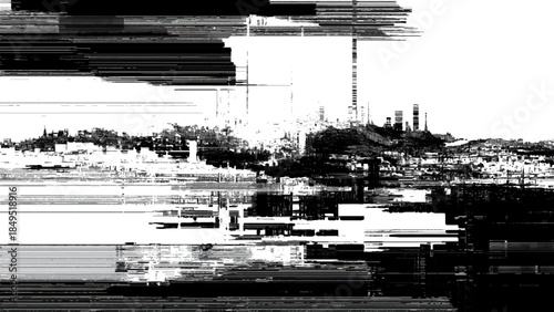 Vintage cityscape skyline with radio frequency spectrum analysis overlay