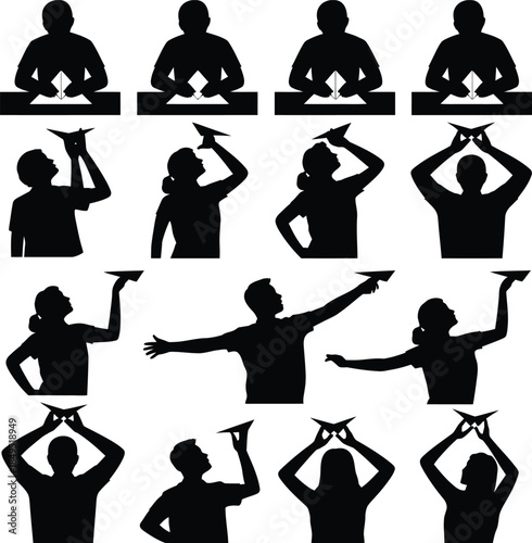 Paper plane silhouettes, people folding and throwing airplanes vector set