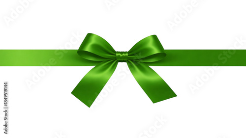 A festive green satin ribbon bow with a shiny silk knot, isolated on a white background as a decorative holiday element for a Christmas gift, birthday present, or anniversary celebration design