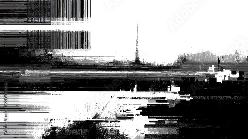 Vintage cityscape skyline with radio frequency spectrum analysis overlay