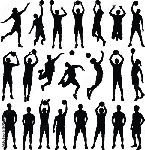 Volleyball player silhouettes, athletes spiking and serving vector icons